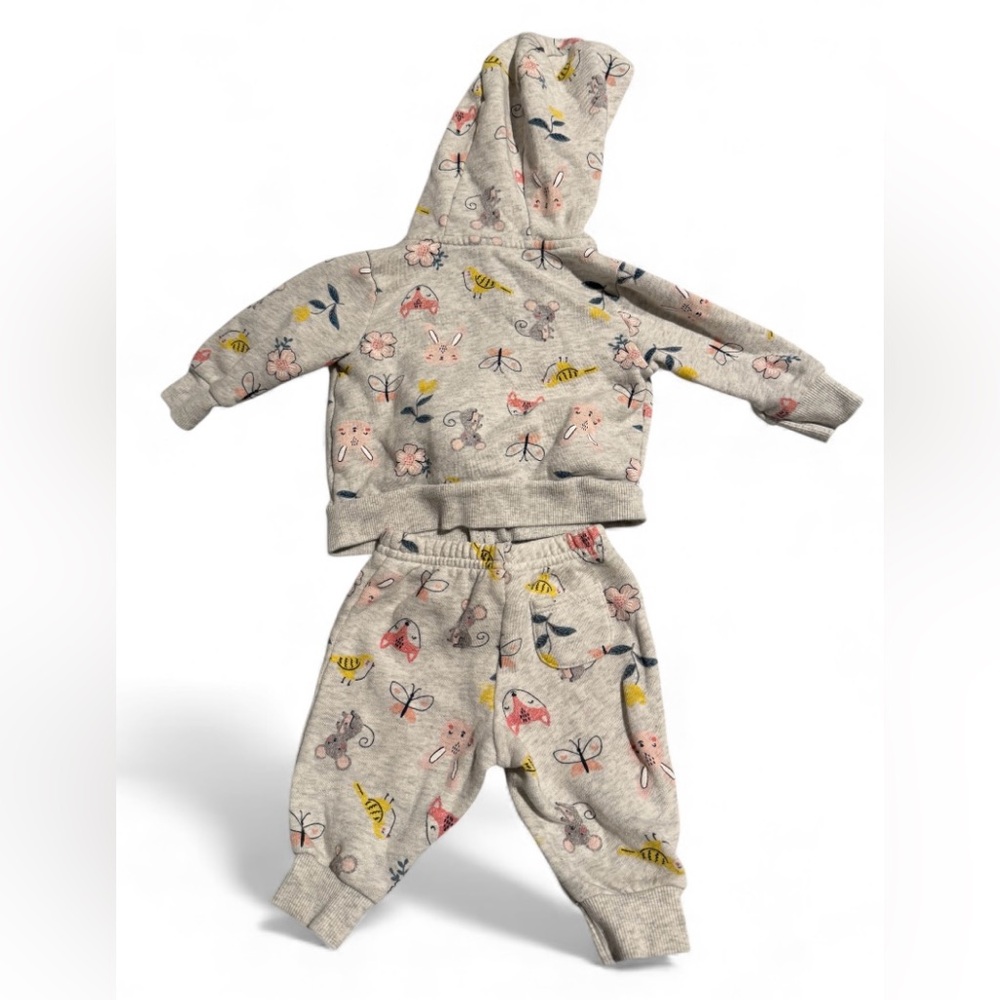 Carter's Baby Girl 2-Piece Zip Up Hoodie & Pants Set |3M(Birds & Flowers) - Picture 2 of 4